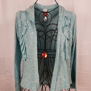 Self Esteem blue green button up Cardigan w Ruffle